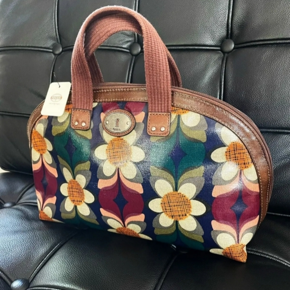 Fossil White Blue Orange Flower Purple Tote Bag Leather Trim 💜 - Picture 9 of 10